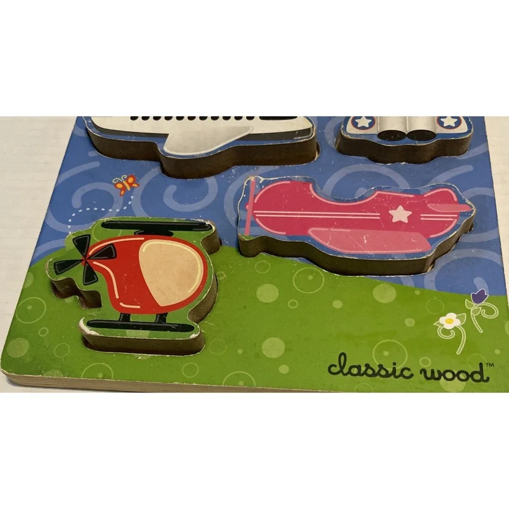 Kids 4 Piece Wooden‎ Puzzle Plain Helicopter Car Boat Chunky